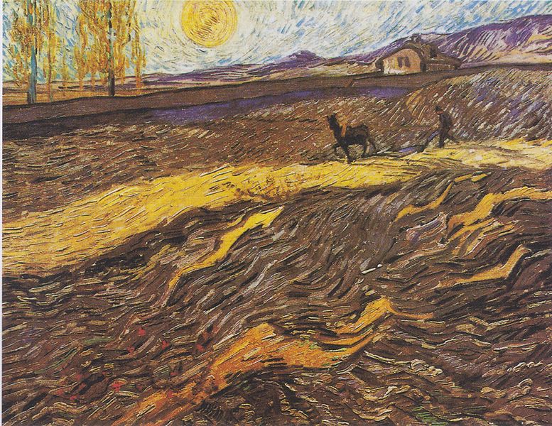 Vincent Van Gogh Field with plowing farmers